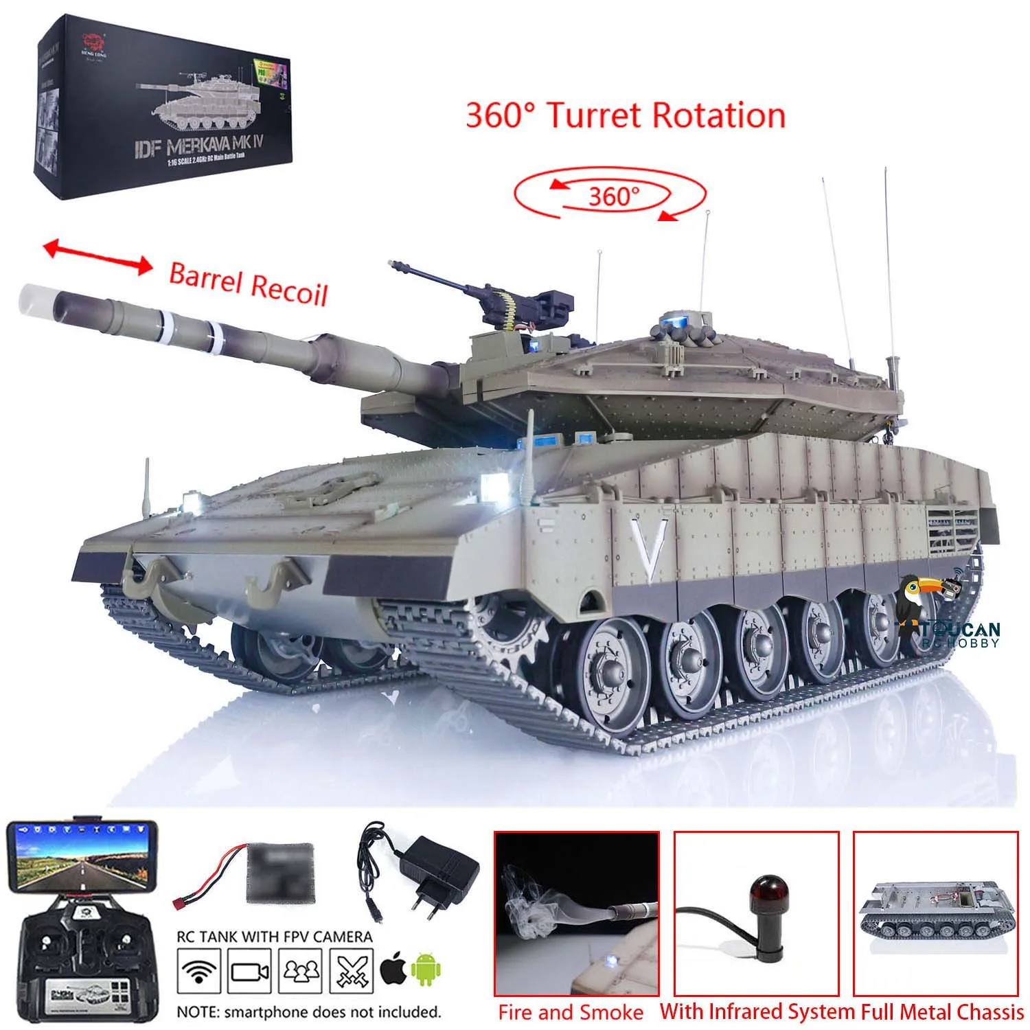 Heng Long 1/16 Karinės RC tankai IDF Merkava MK IV Full Metal Važiuoklės 3958 Mainboard Bako akumuliatoriaus Įkroviklį, Žaislai TH22679